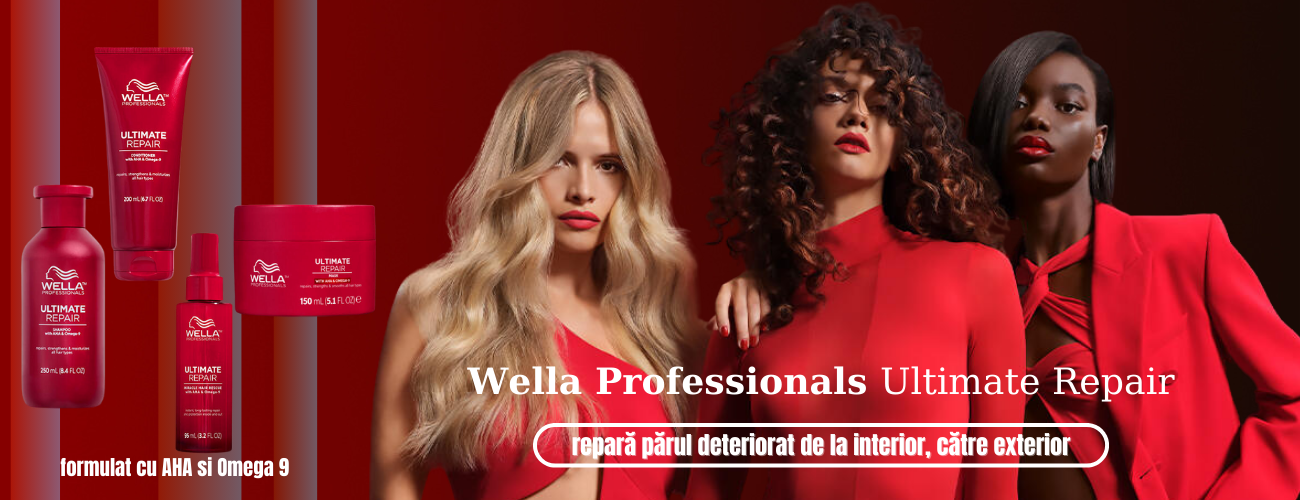 Un banner publicitar pentru gama de produse Wella Professionals Ultimate Repair, prezentând trei femei cu tipuri diferite de păr, îmbrăcate elegant în roșu, alături de produsele de îngrijire capilară - șampon, balsam, mască și tratament leave-in, toate în ambalaje roșii. Textul subliniază ingredientele cheie, Acidul Alfa Hidroxilic (AHA) și Omega-9, pentru repararea părului de la interior către exterior.
